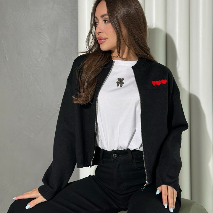 Ladies casual short-sleeve cardigan with heart-shaped appliqués Lune London