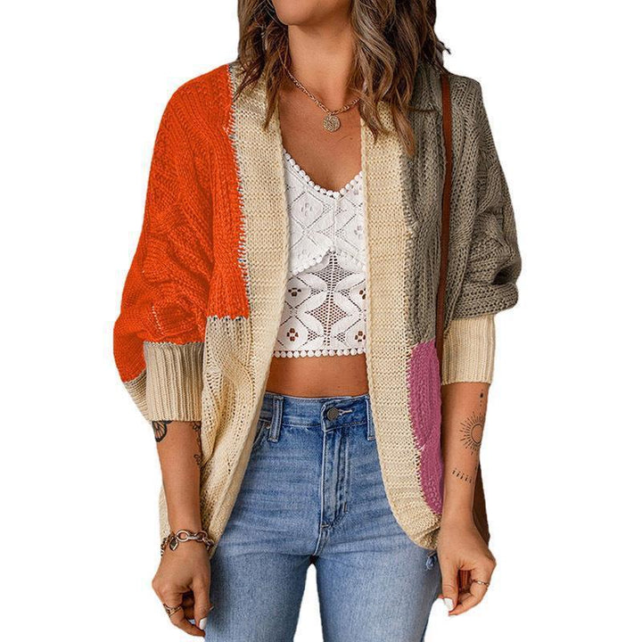 Ladies Elegant Knit Cardigan with Relaxed Fit and Chic Color Block Design