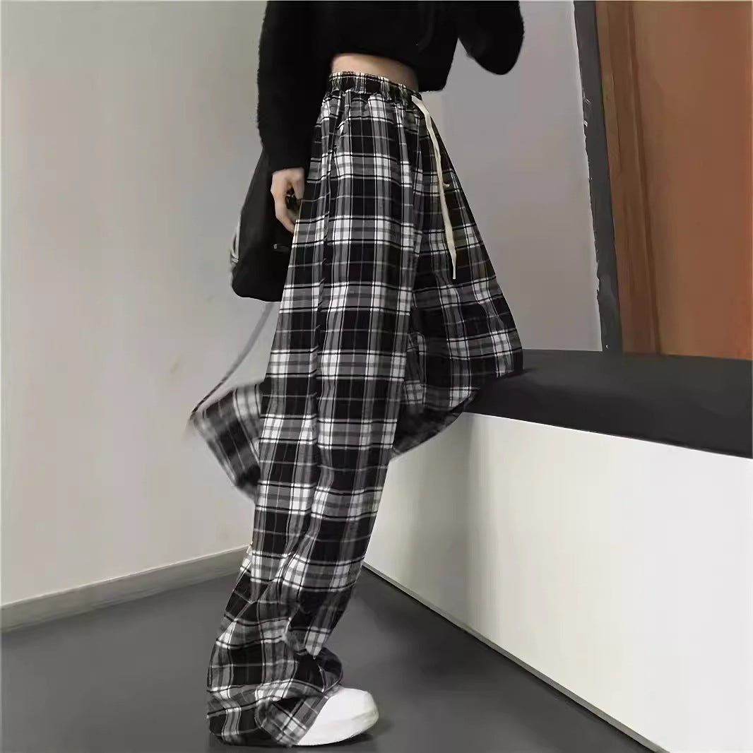 Wide plaid trousers for women with elastic waistband and tie belt Lune London