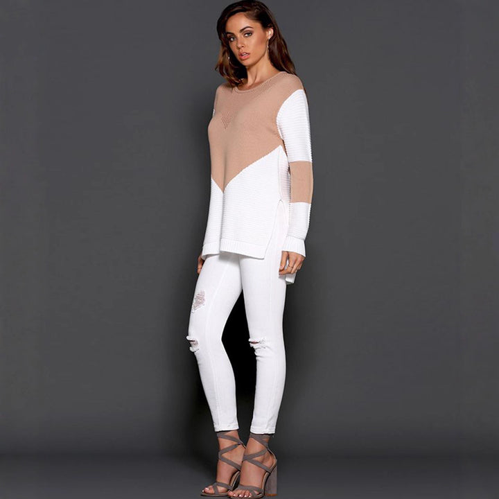 Pull en tricot pour femmes avec un design texturé à la mode et des manches contrastées Chic & Stil