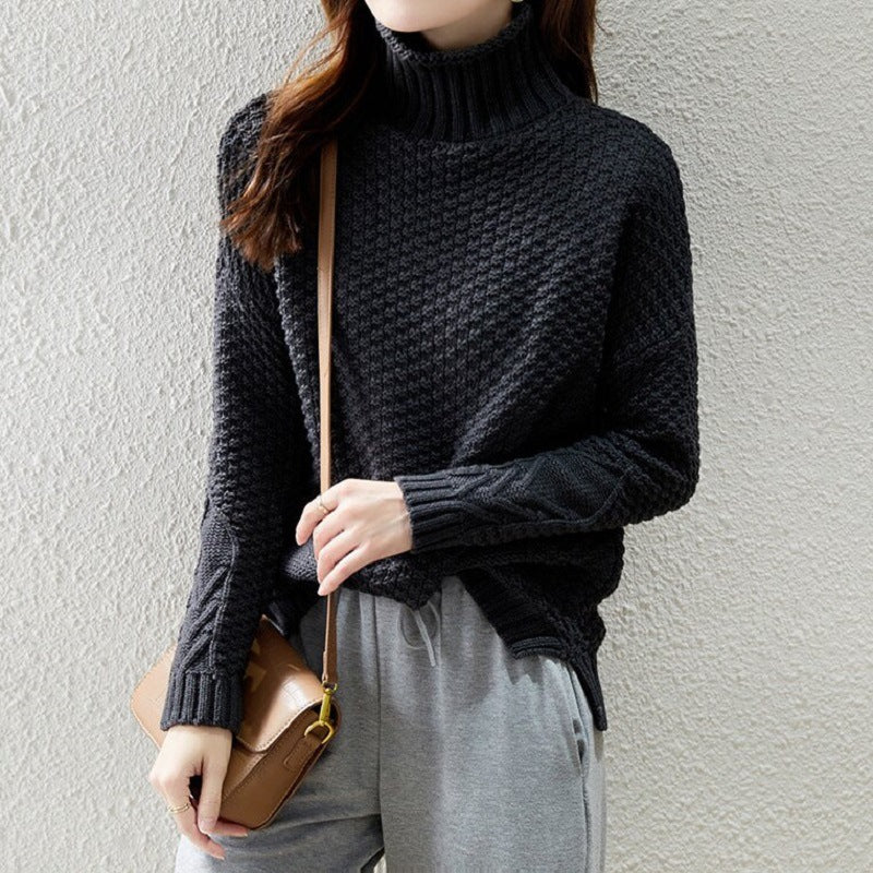 Ladies chunky knit sweater with high collar and structured design Lune London