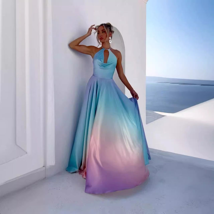 Women's A-line maxi dress with deep keyhole neckline and shimmering fabric
