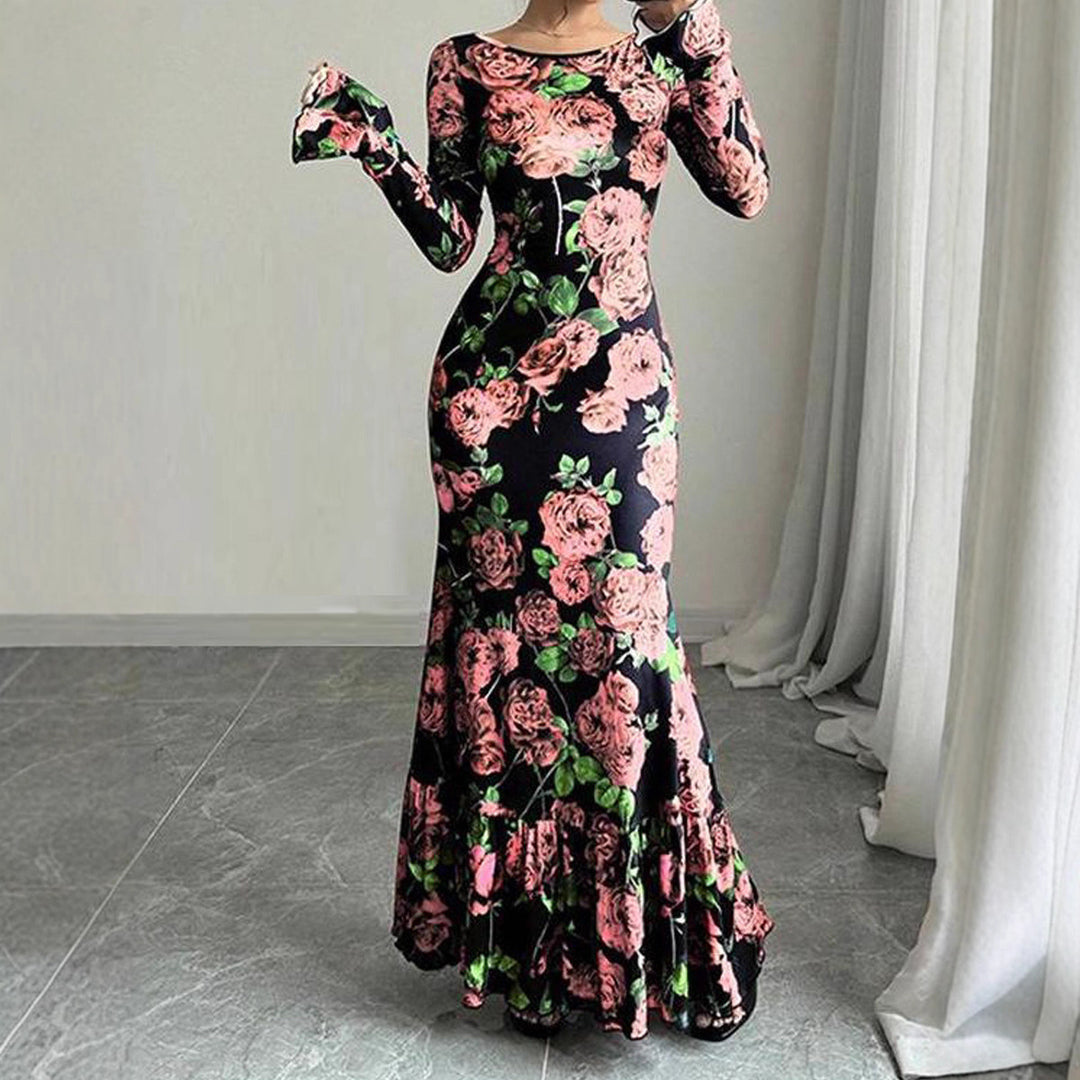 Robe maxi élégante pour femmes avec des détails de volants floraux et des manches longues Chic & Stil