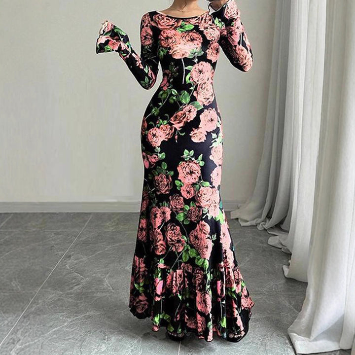 Robe maxi élégante pour femmes avec des détails de volants floraux et des manches longues Chic & Stil