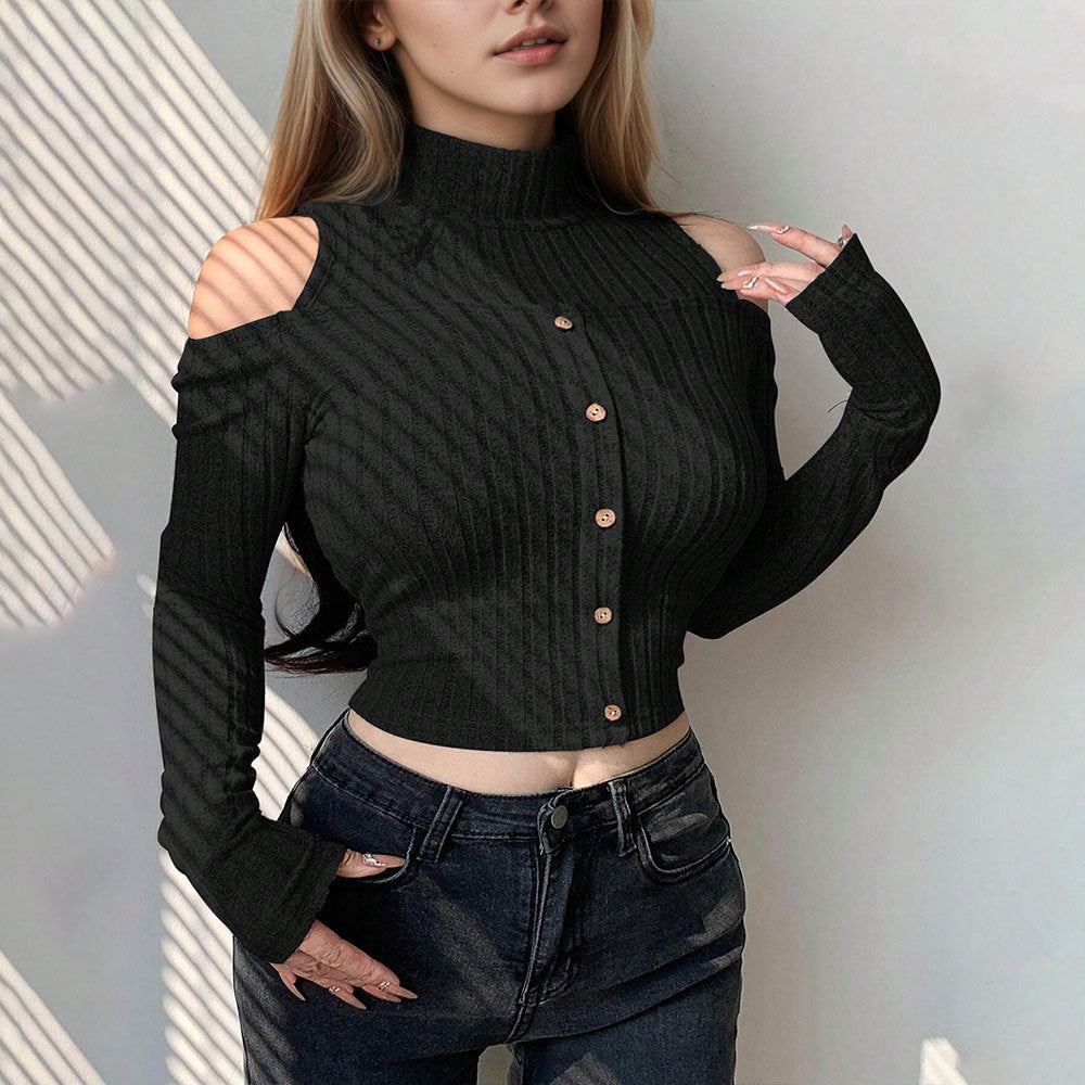 Pull long à manches longues pour femmes, cropped, avec des détails à épaules dénudées et fermeture à boutons Chic & Stil