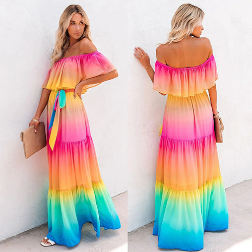 Lune London off-shoulder maxi dress for women with layered hem