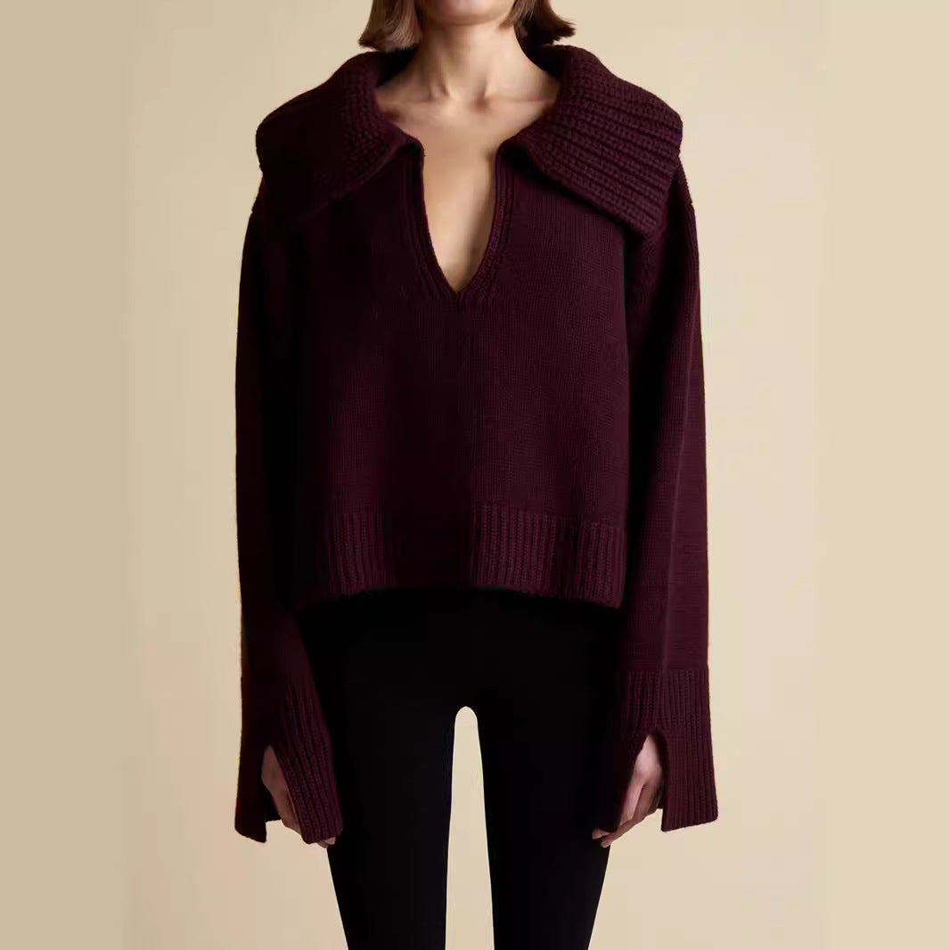 Trendy knitted sweater for women with distinctive collar and striped pattern Lune London