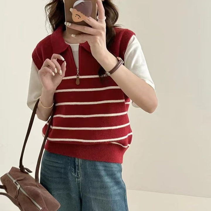 Pull en tricot pour femmes avec fermeture éclair et motif rayé Chic & Stil