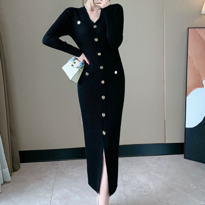 Knit dress for women with button placket and deep slit Lune London