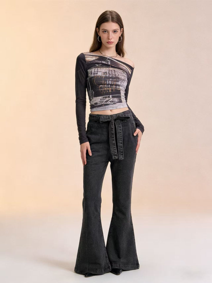 Women's Flared Jeans with Belt and High Waist Lune London