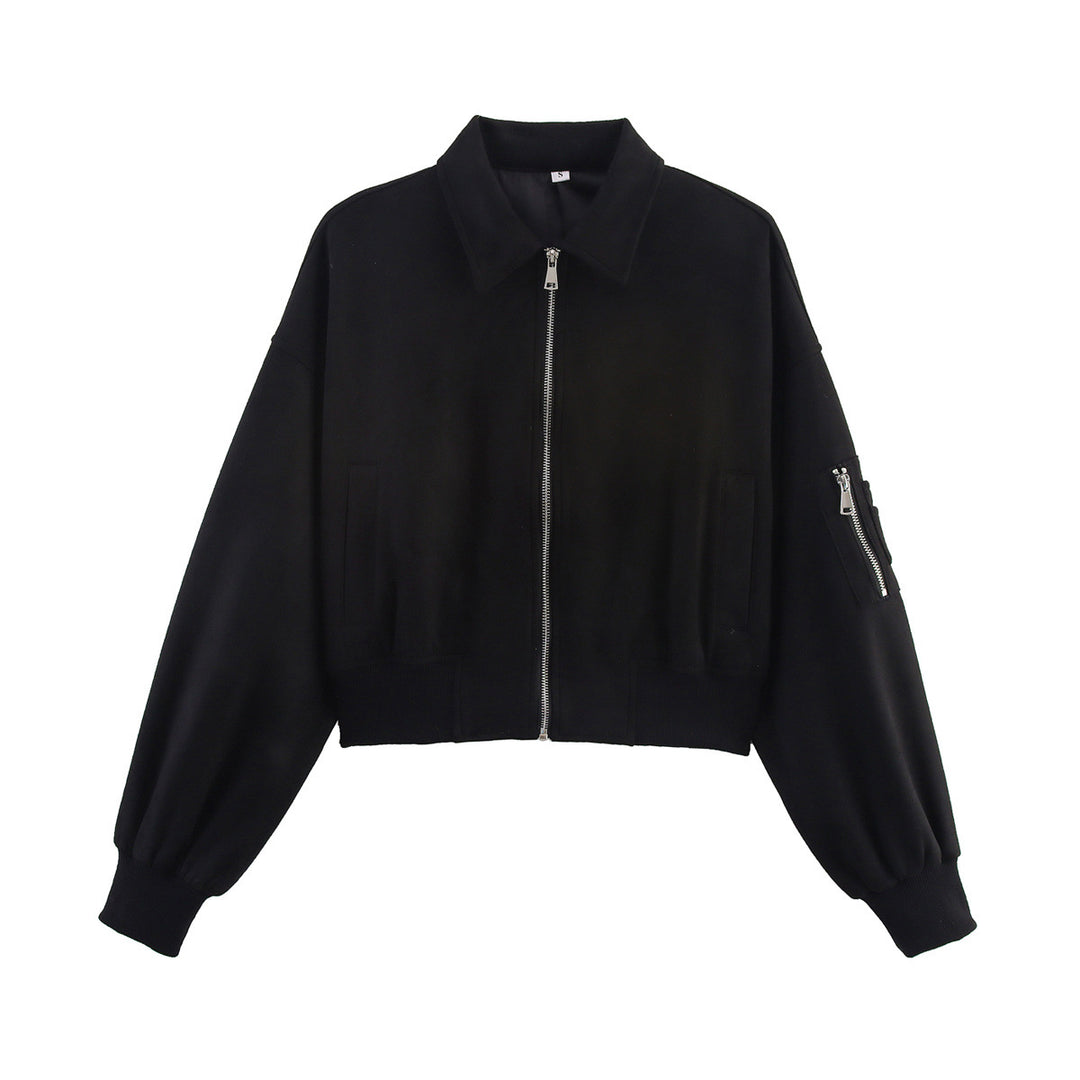 Trendy cropped women's jacket in soft suede-like faux leather with practical zippered pockets Lune London