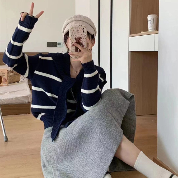 Striped women's sweater with soft collar and practical loop Lune London