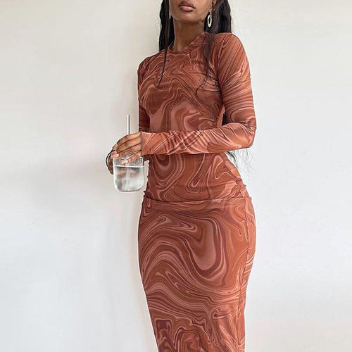 Elegant long-sleeve dress for women with a modern marble pattern and a fitted cut Lune London