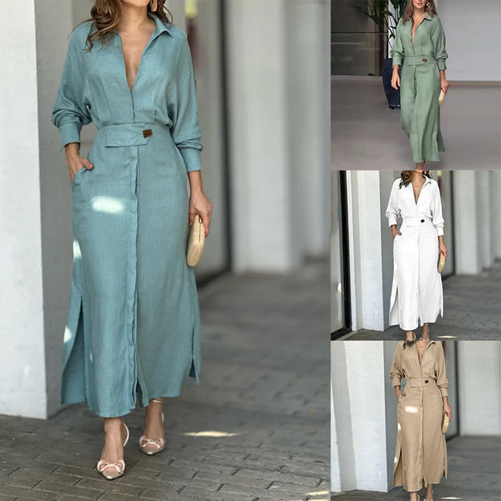 Maxi dress for women with elegant V-neckline and side slit Lune London