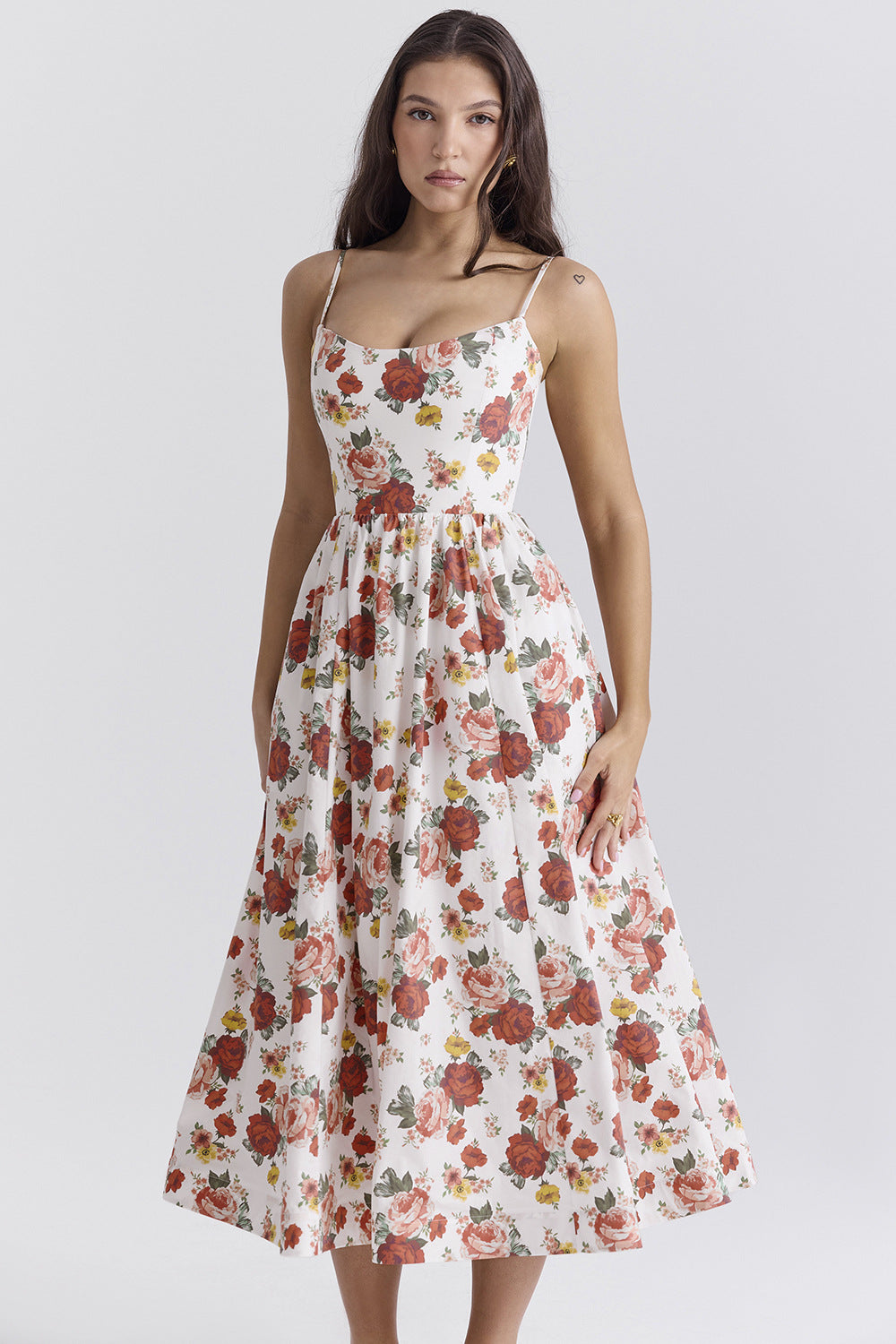 Women’s midi floral dress with strapless style and swinging skirt Lune London