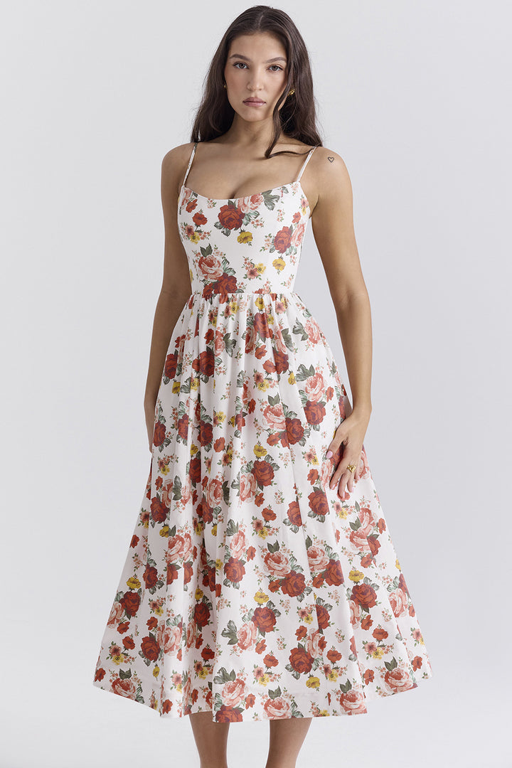 Women’s midi floral dress with strapless style and swinging skirt Lune London