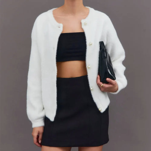 Ladies Fluff Cardigan with decorative pearl buttons Lune London