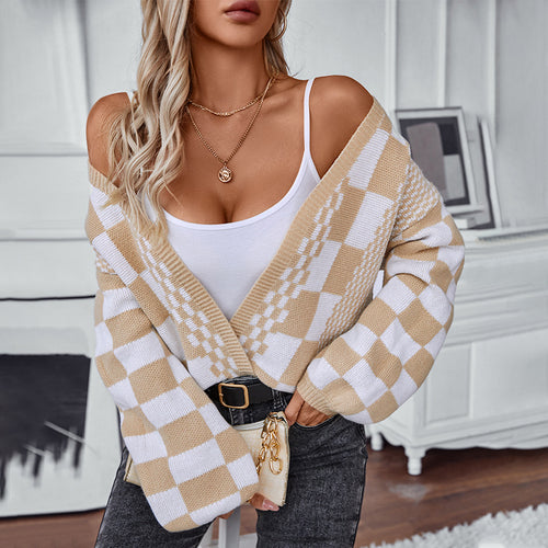 Lune London trendy check pattern casual cardigan for women