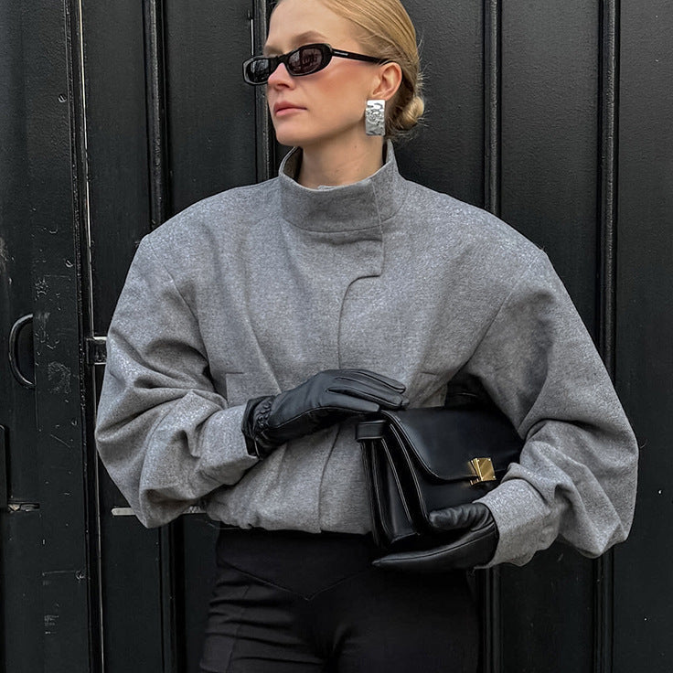 Stylish wool jacket for women with a high collar and balloon sleeves Lune London