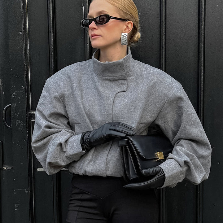 Stylish wool jacket for women with a high collar and balloon sleeves Lune London