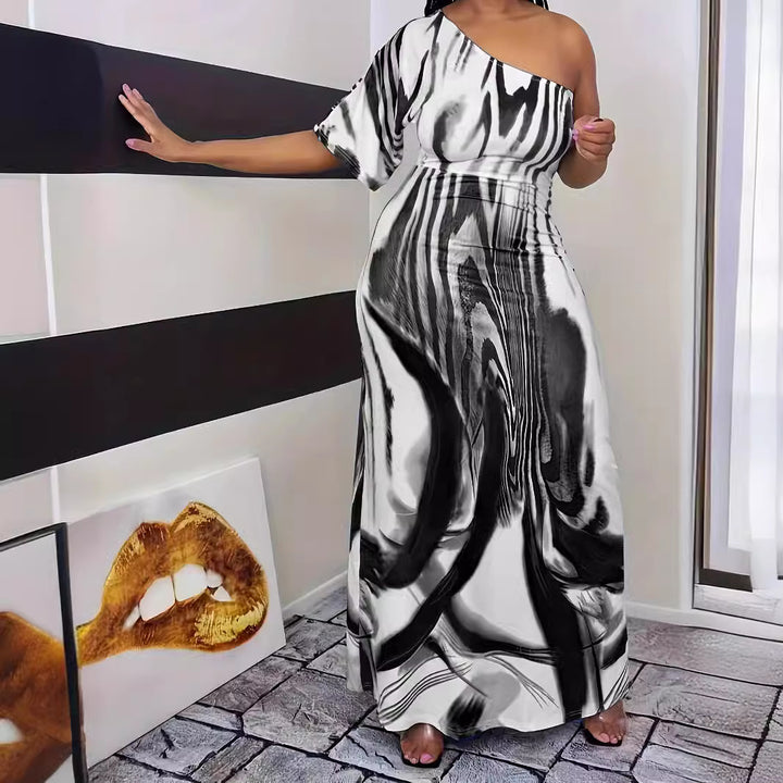 Maxi dress for women with asymmetric cut and elegant pattern Lune London
