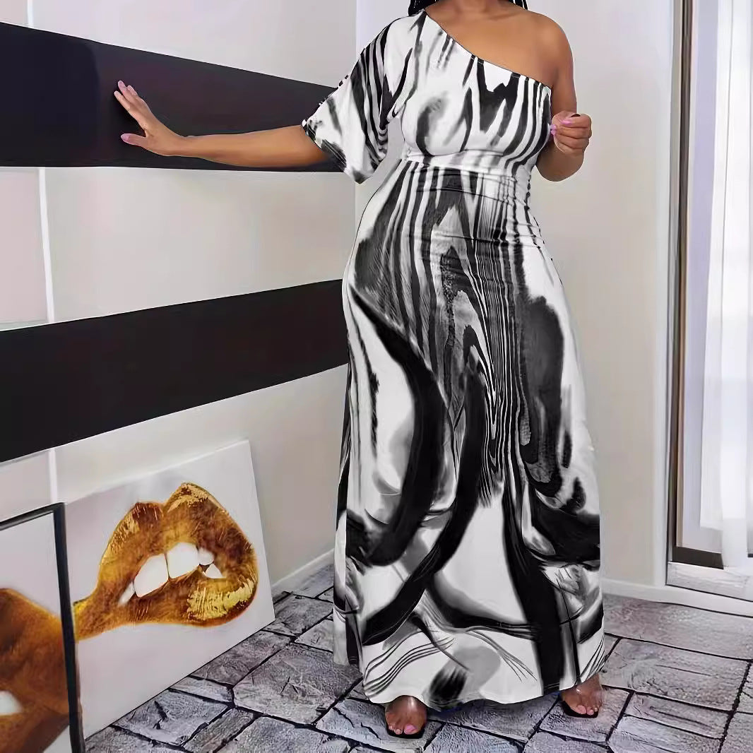 Maxi dress for women with asymmetrical cut and elegant pattern Lune London