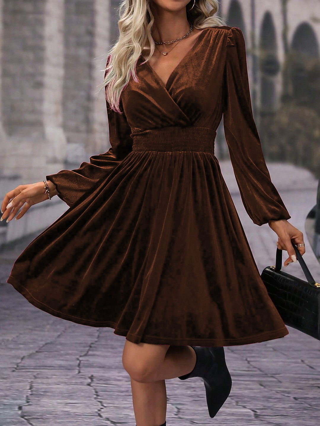Skater dress for women with elegant gathers and V neckline Lune London