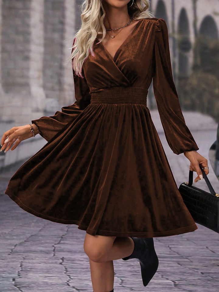 Skater dress for women with elegant gathers and V neckline Lune London