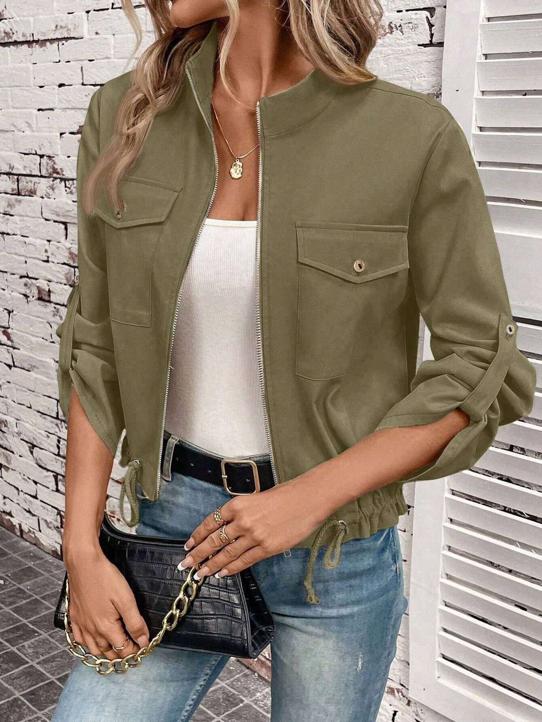 Fashion women's jacket with structured pattern and practical details Lune London