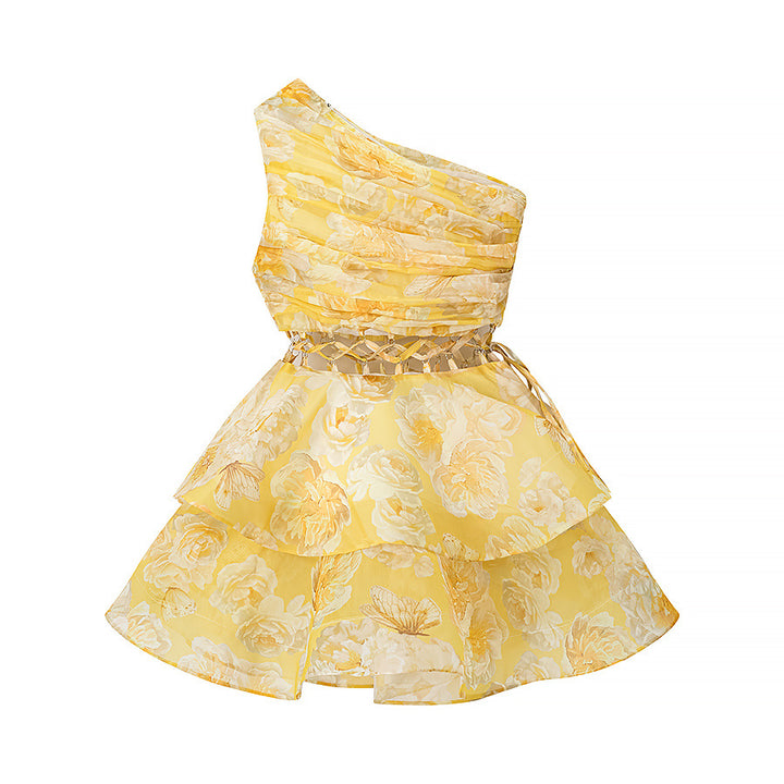 Maxi dress for women with asymmetric cut and playful ruffle design Lune London