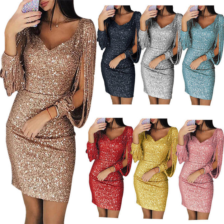Ladies Glittering Cocktail Dress with Shimmering Sleeves Lune London