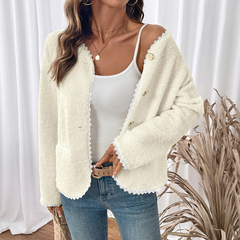 Soft teddy jacket for women with lace decoration Lune London