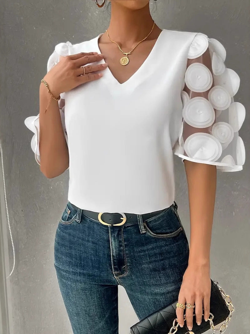 Ladies Elegant Top with Sheer Puff Sleeves and a Chic V Neck