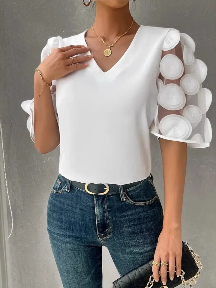 Ladies Elegant Top with Sheer Puff Sleeves and a Chic V Neck