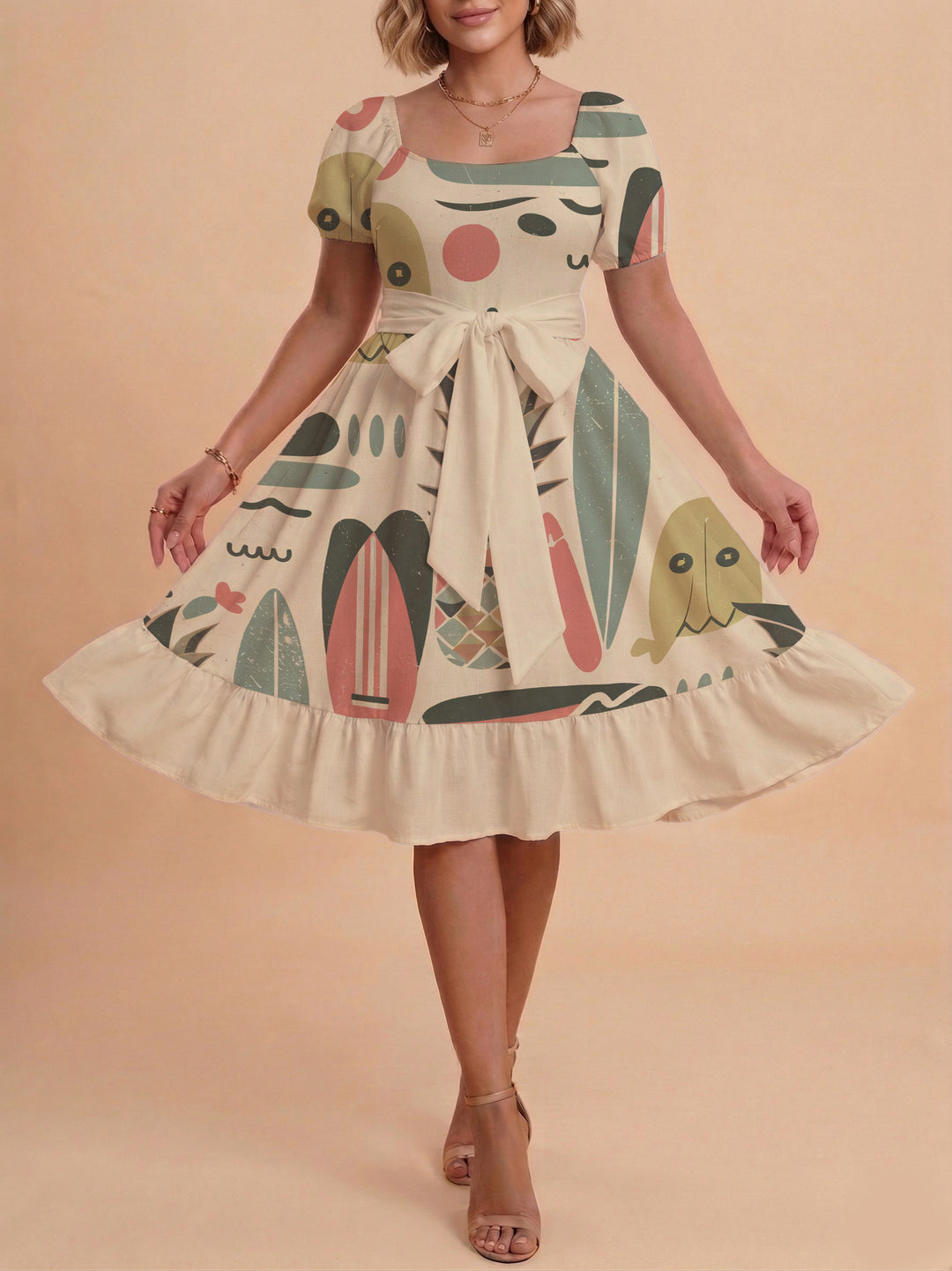 Women A-line dress with floral motifs and adjustable belt Lune London