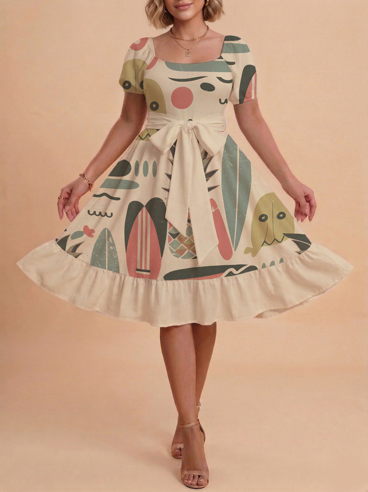 Women A-line dress with floral motifs and adjustable belt Lune London
