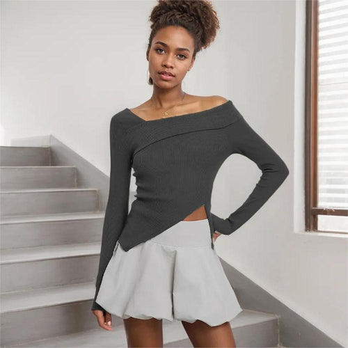 Asymmetrical long sleeve shirt for women with elegant wrap design Chic & Stil