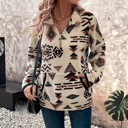 Fleece sweater for women with modern ethnic design and half zipper Lune London