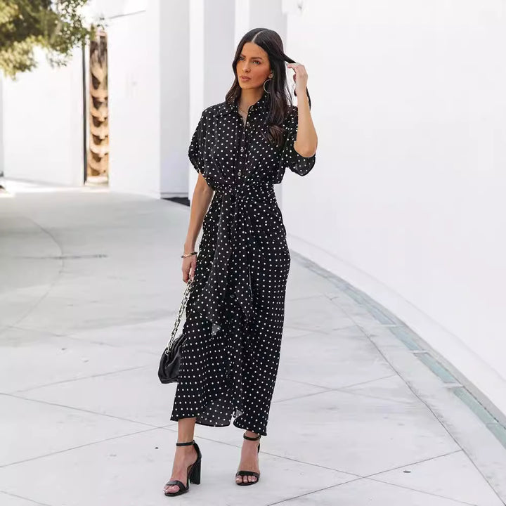 Polka dot midi dress for ladies with tie belt Lune London