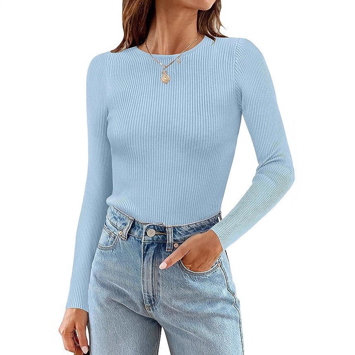 Woman Long Sleeve Ribbed Top with Classic Round Neck and Fitted Cut Lune London