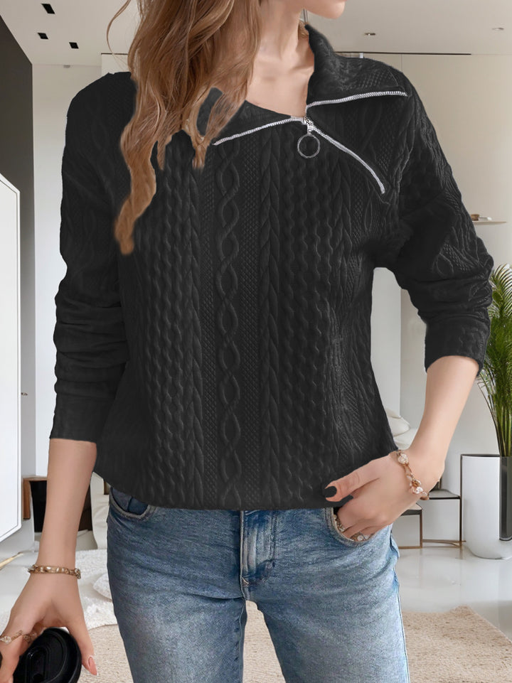 Casual knitted women's sweater with short zipper and textured surface Lune London