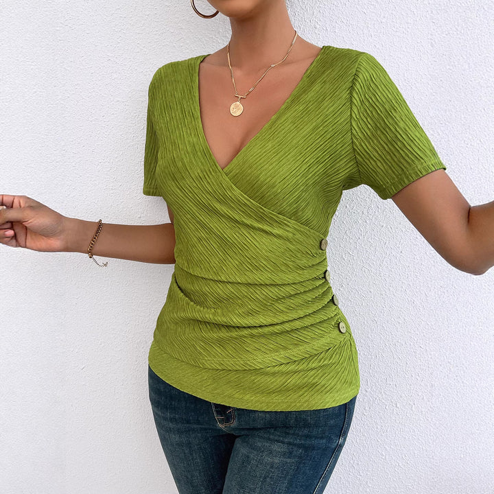 Chic & Stil Women's Wrap Top with Ruching and Side Snap Buttons
