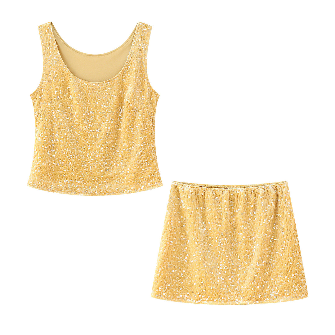 Women's set with sparkling spaghetti strap top and flared skirt with elastic waistband Lune London