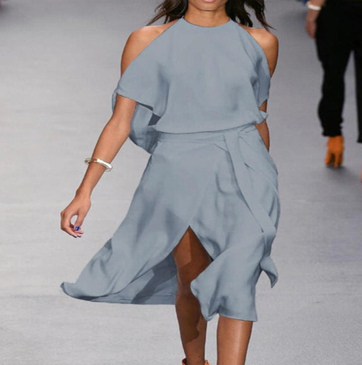 Ladies Elegant and Flowing Maxi Dress with Plunging Neckline and Defined Waist Lune London