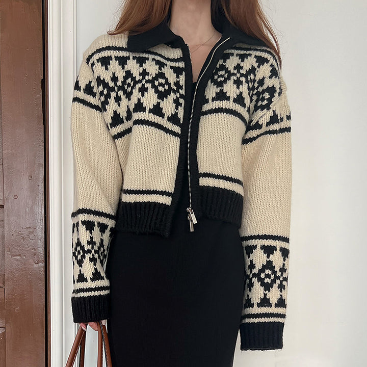 Knit jacket for women with floral pattern and comfortable high collar Lune London