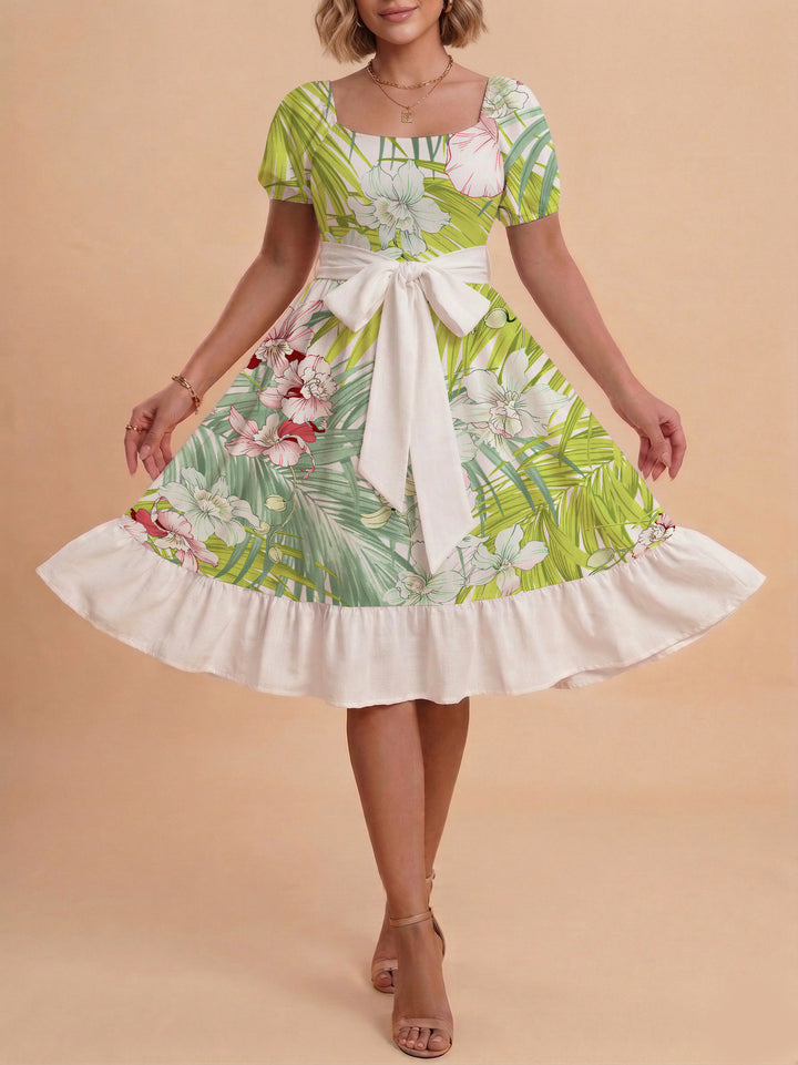 Women A-line dress with floral motifs and adjustable belt Lune London