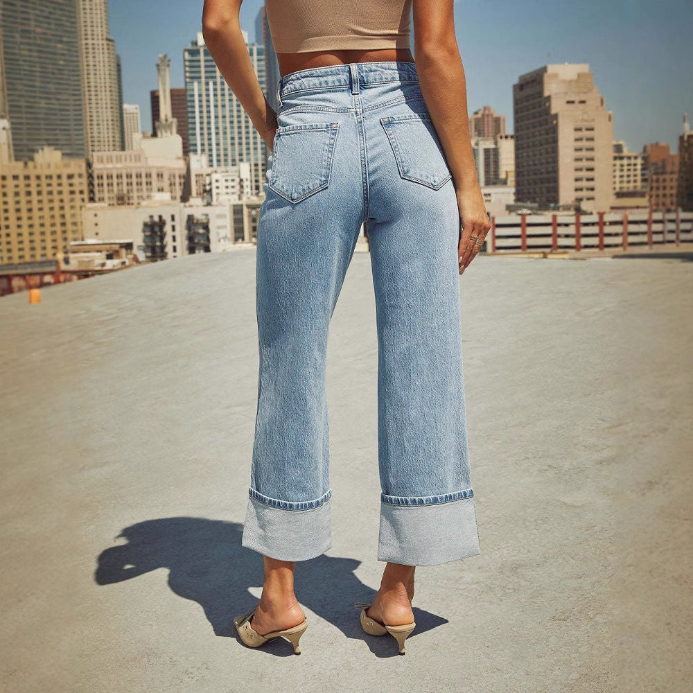 Ladies Wide Cut Jeans with Turned-Up Hem Lune London