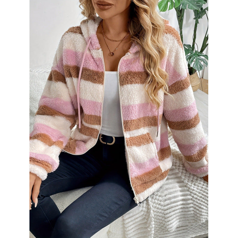 Ladies cozy fleece jacket with striped pattern Lune London