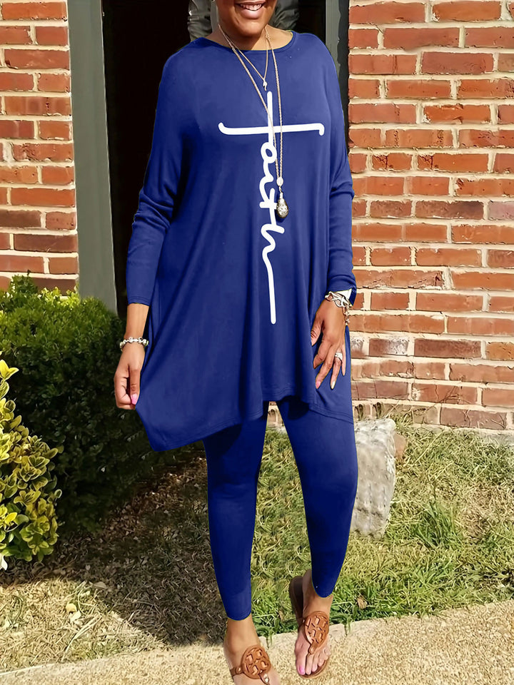 Ensemble de leggings et tunique pour femmes avec découpe asymétrique et impressions motivantes Chic & Stil