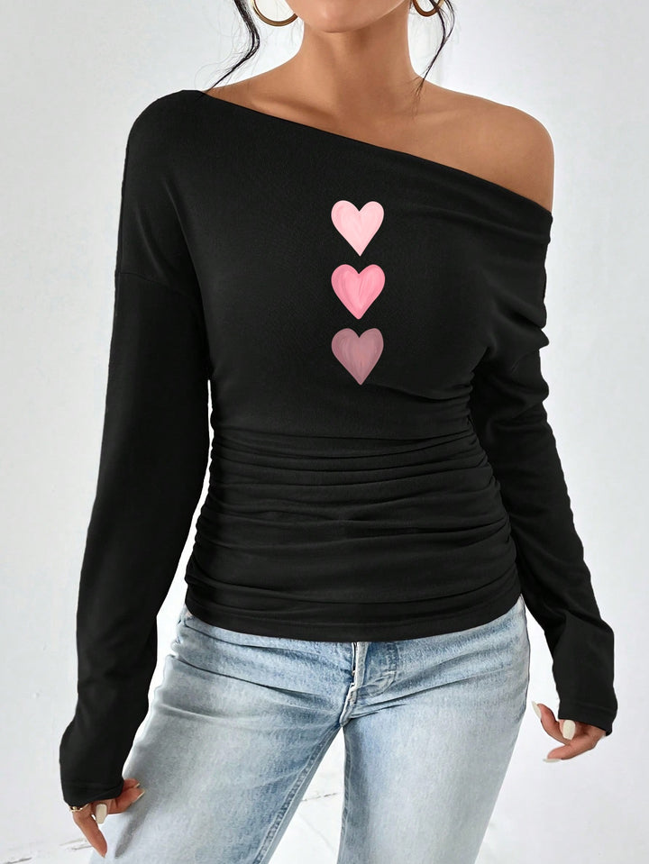 Fitted long sleeve t-shirt for women with asymmetric neckline and ruching Lune London